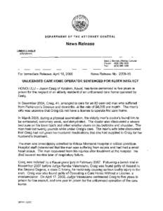 DEPARTMENT OF THE ATTORNEY GENERAL  News Release LINDA LINGLE GOVERNOR