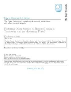 Open Research Online The Open University’s repository of research publications and other research outputs Fostering Open Science to Research using a Taxonomy and an eLearning Portal
