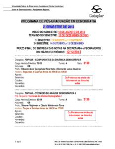 PROGRAMA DE PÓS-GRADUAÇÃO EM DEMOGRAFIA 2º SEMESTRE DE 2013 INÍCIO DO SEMESTRE: 12 DE AGOSTO DE 2013 TÉRMINO DO SEMESTRE: 13 DE DEZEMBRO DE 2013 1o BIMESTRE: 12/AGOSTO a 11/OUTUBRO 2o BIMESTRE: 14/OUTUBRO a 13/DEZE