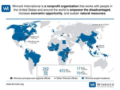 Winrock International is a nonprofit organization that works with people in the United States and around the world to empower the disadvantaged, increase economic opportunity, and sustain natural resources. Current as of