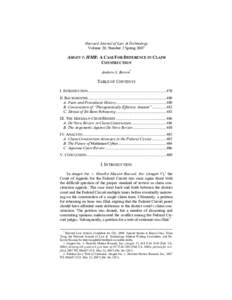 Harvard Journal of Law & Technology Volume 20, Number 2 Spring 2007 AMGEN V. HMR: A CASE FOR DEFERENCE IN CLAIM CONSTRUCTION Andrew S. Brown*