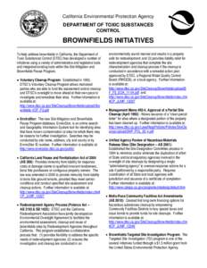 California Environmental Protection Agency DEPARTMENT OF TOXIC SUBSTANCES CONTROL BROWNFIELDS INITIATIVES To help address brownfields in California, the Department of