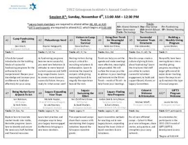 2012 Grinspoon Institute’s Annual Conference  Session A*: Sunday, November 4th, 11:00 AM – 12:30 PM *Legacy team members are required to attend either A8, A9, or A10. *GIFT3 participants are required to attend A12, w