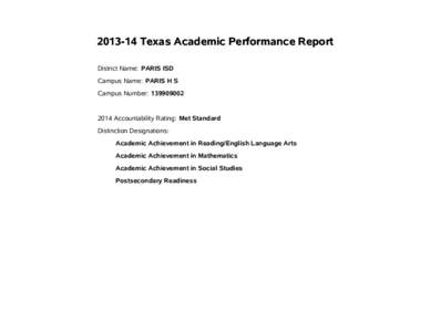 Texas Academic Performance Report District Name: PARIS ISD Campus Name: PARIS H S Campus Number: Accountability Rating: Met Standard