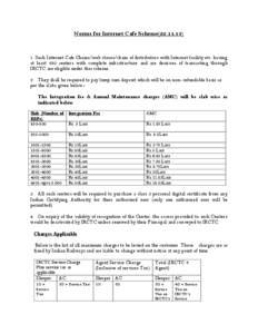 Norms for Internet Cafe Scheme[removed]Such Internet Cafe Chains/web stores/chain of distributors with Internet facility etc. having at least 250 centers with complete infrastructure and are desirous of transacting