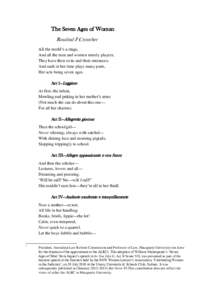 The Seven Ages of Woman Rosalind F Croucher* All the world’s a stage, And all the men and women merely players; They have their exits and their entrances; And each in her time plays many parts,