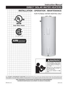 Instruction Manual  DIRECT SOLAR WATER HEATERS INSTALLATION - OPERATION - MAINTENANCE FOR POTABLE WATER HEATING ONLY