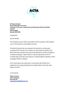 Mr Robert Randall General Manager Curriculum Australian Curriculum, Assessment and Reporting Authority (ACARA) Level[removed]Pitt Street Sydney NSW 2000