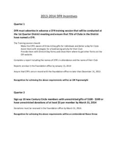 [removed]DFR Incentives Quarter 1 DFR must advertise in advance a CFR training session that will be conducted at the 1st Quarter District meeting and ensure that 75% of Clubs in the District have named a CFR. The Traini