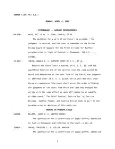 (ORDER LIST: 563 U.S.) MONDAY, APRIL 4, 2011 CERTIORARI -- SUMMARY DISPOSITIONS[removed]