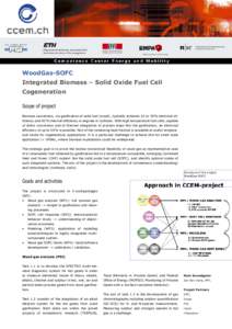 WoodGas-SOFC Integrated Biomass – Solid Oxide Fuel Cell Cogeneration Scope of project Biomass conversion, via gasification of solid fuel (wood), typically achieves 25 to 30 % electrical efficiency and 50 % thermal 