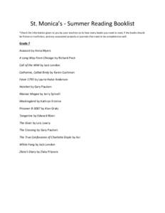 St. Monica’s - Summer Reading Booklist *Check the information given to you by your teachers as to how many books you need to read, if the books should be fiction or nonfiction, and any associated projects or journals t