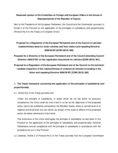 Reasoned opinion of the Committee on Foreign and European Affairs in the House of Representatives of the Republic of Cyprus Sent to the Presidents of the European Parliament, the Council and the Commission pursuant to Ar