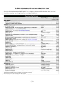 GAMS – Commercial Price List – March 15, 2016 This price list includes the required Base Module and a number of optional solvers. The prices shown are for an unrestricted, perpetual named single user license on a spe