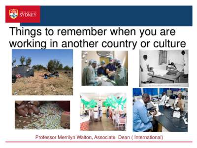 Things to remember when you are working in another country or culture Professor Merrilyn Walton, Associate Dean ( International)  Context