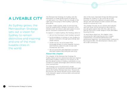 A Liveable City As Sydney grows, the Metropolitan Strategy sets out a vision for Sydney to remain distinctive and inspiring