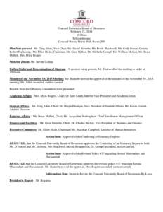 Concord University Board of Governors February 11, [removed]:00am Teleconference Concord Room, Marsh Hall, Room 200 Members present: Mr. Greg Allen; Vice Chair, Mr. David Barnette, Mr. Frank Blackwell, Mr. Cody Boone, Gene