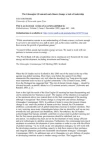 The Gleneagles G8 summit and climate change: a lack of leadership JAN OOSTHOEK University of Newcastle upon Tyne This is an electronic version of an article published in: Globalizations, Volume 2, Issue 3 December 2005, 