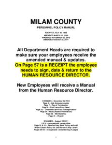 MILAM COUNTY PERSONNEL POLICY MANUAL ADOPTED JULY 26, 1999 AMENDED MARCH 13, 2006 AMENDED NOVEMBER 22, 2010 AMENDED AUGUST 22, 2011