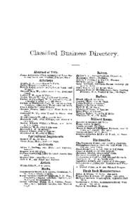 Classified Business Directory. Abstract of Title. Jones &Frentz, Office basement of First National Bank, cor. Washington and Main. Attorneys. Austin A. A., over 72 and 74 Main.