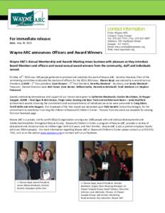 contact information For immediate release: Date: May 28, 2013 Wayne ARC announces Officers and Award Winners