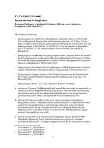 P7_TA-PROV[removed]Recent elections in Bangladesh European Parliament resolution of 16 January 2014 on recent elections in Bangladesh[removed]RSP))  The European Parliament,