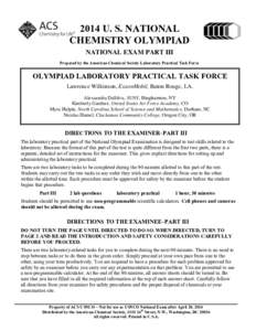 2014 U. S. NATIONAL CHEMISTRY OLYMPIAD NATIONAL EXAM PART III Prepared by the American Chemical Society Laboratory Practical Task Force  OLYMPIAD LABORATORY PRACTICAL TASK FORCE
