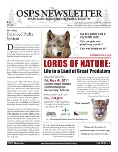 OSPS NEWSLETTER OKANAGAN SIMILKAMEEN PARKS SOCIETY Fall	 2011