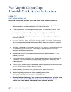 West Virginia Citizen Corps Allowable Cost Guidance for Grantees FY 2011 CCP ALLOWABLE EXPENSES For Planning, Exercises, and Training for Citizen Corps Grants include (but are not limited to):