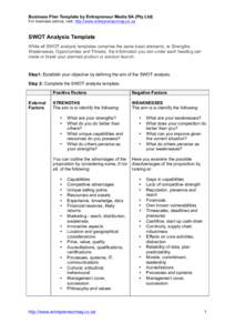 Business Plan Template by Entrepreneur Media SA (Pty Ltd) For business advice, visit: http://www.entrepreneurmag.co.za SWOT Analysis Template While all SWOT analysis templates comprise the same basic elements, ie Strengt