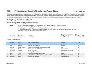 IPCC  Fifth Assessment Report (AR5) Authors and Review Editors As of 27 May 2014
