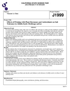 CALIFORNIA STATE SCIENCE FAIR 2014 PROJECT SUMMARY Name(s)  Vincent A. Chen