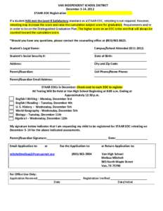 VAN INDEPENDENT SCHOOL DISTRICT December 3-14, 2012 STAAR-EOC Registration (DEADLINE IS FRIDAY, SEPTEMBER 7TH, 4:00 p.m.) If a student HAS met the Level II Satisfactory standard on a STAAR‐EOC, retesting is not require