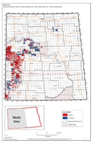 Figure 32.  Leased and unleased Federal oil and gas minerals within North Dakota Study Area. Data from Bureau files. 102W