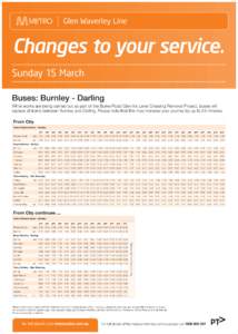 Glen Waverley Line  Changes to your service. Sunday 15 March Buses: Burnley - Darling While works are being carried out as part of the Burke Road Glen Iris Level Crossing Removal Project, buses will