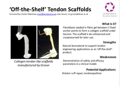 ‘Off-the-Shelf’ Tendon Scaffolds Presented by: Rachel Oldershaw, ; Liam Grover,  What is it?  Fibroblasts seeded in fibrin gel between 2 fixed