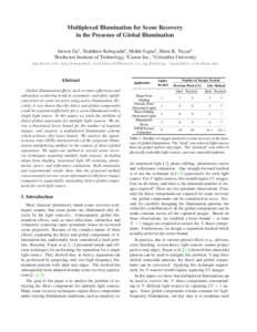 Multiplexed Illumination for Scene Recovery in the Presence of Global Illumination Jinwei Gu1 , Toshihiro Kobayashi2, Mohit Gupta3 , Shree K. Nayar3 Rochester Institute of Technology, 2 Canon Inc., 3 Columbia University 