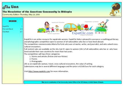 The Lion The Newsletter of the American Community in Ethiopia Community Edition: Thursday, May 23, 2013 INSIDE ExpatClic
