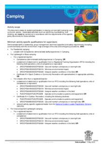 Camping Activity scope This document relates to student participation in staying out overnight (camping) as a curriculum activity. Associated activities (such as swimming, bushwalking, rock climbing, etc) must be carried