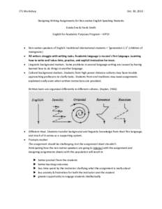CTL Workshop  Oct. 30, 2013 Designing Writing Assignments for Non-native English Speaking Students Estela Ene & Frank Smith English for Academic Purposes Program – IUPUI