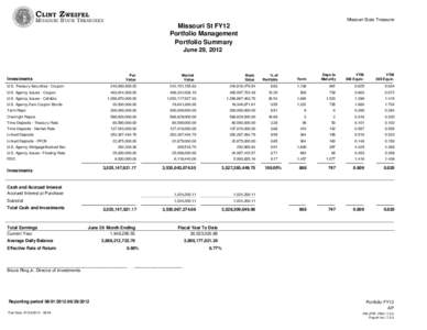 Missouri State Treasurer  Missouri St FY12 Portfolio Management Portfolio Summary June 29, 2012