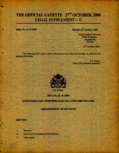 THE OFFICIAL GAZETTE 27TH OCTOBER, 2008 LEGAL SUPPLEMENT - C BILL No. 23 of 2008 Monday 27° October, 2008 PARLIAMENT OFFICE