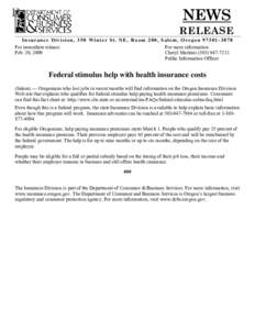 News Release: Federal stimulus help with health insurance costs