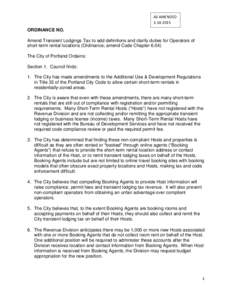 AS AMENDED[removed]ORDINANCE NO. Amend Transient Lodgings Tax to add definitions and clarify duties for Operators of short-term rental locations (Ordinance; amend Code Chapter 6.04)