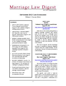 Marriage Law Digest Vol. 9, No. 9, September 2012 SEPTEMBER 2012 CASE SUMMARIES William C. Duncan, Editor LEFT V. LEFT