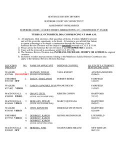 SENTENCE REVIEW DIVISION SUPERIOR COURT OF CONNECTICUT ASSIGNMENT OF HEARINGS SUPERIOR COURT, 1 COURT STREET, MIDDLETOWN, CT - COURTROOM 3rd. FLOOR TUESDAY, OCTOBER 28, 2014, COMMENCING AT 10:00 A.M. 1) All applicants, t