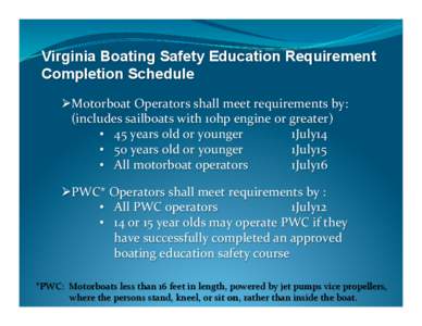 Virginia Boating Safety Education Requirement Completion Schedule 	
   Ø Motorboat	
  Operators	
  shall	
  meet	
  requirements	
  by:	
  	
   	
  (includes	
  sailboats	
  with	
  10hp	
  engine	
  