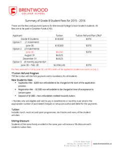    Summary of Grade 8 Student Fees forThese are the fees and payment options for Brentwood College School Grade 8 students. All fees are to be paid in Canadian funds (CAD).