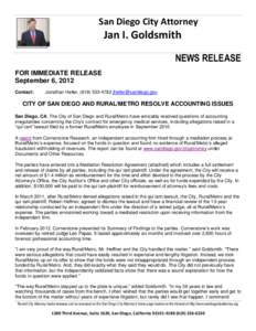 San Diego City Attorney  Jan I. Goldsmith NEWS RELEASE FOR IMMEDIATE RELEASE September 6, 2012