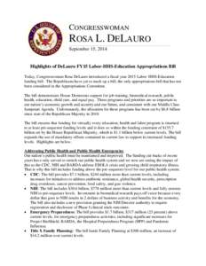 CONGRESSWOMAN  ROSA L. DELAURO ________________________________________________________________________________________________________________________  September 15, 2014